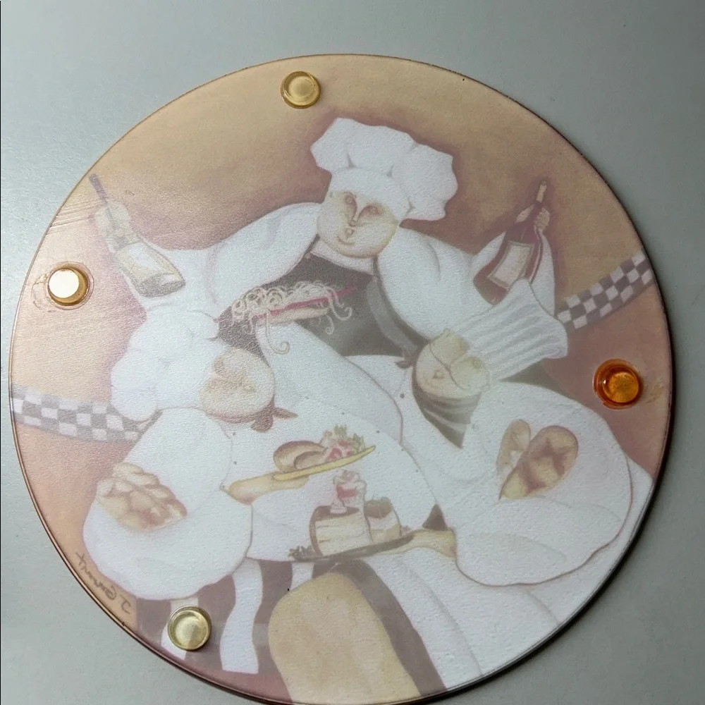 Fat Chef-Themed glass trivet, 8” and luncheon napkins